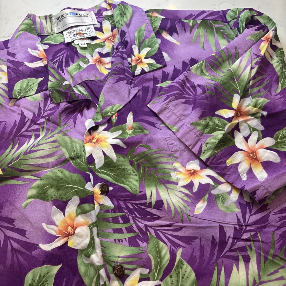 VTG Pacific Legend Hawaiian Camp Shirt Bright Purple Botanical *Adaptive* Sz 2XL